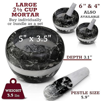 Gusto Nostro Natural Marble Mortar and Pestle Set | 5 Inch - 2.5 Cup Large Mortar Pestle Set for Grinding Herbs, Nuts, Grains | Pesto Grinding and Guacamole Stone Bowl | Marble Spice Crusher
