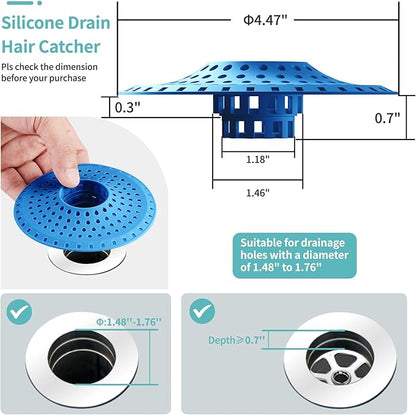 Shower Hair Drain Catcher, Silicone Bathtub Drain Hair Catcher Strainer, All-in-one Tub Hair Catcher Drain Protector for 1.48'' to 1.76'' Regular Drains, 3PCS/Blue