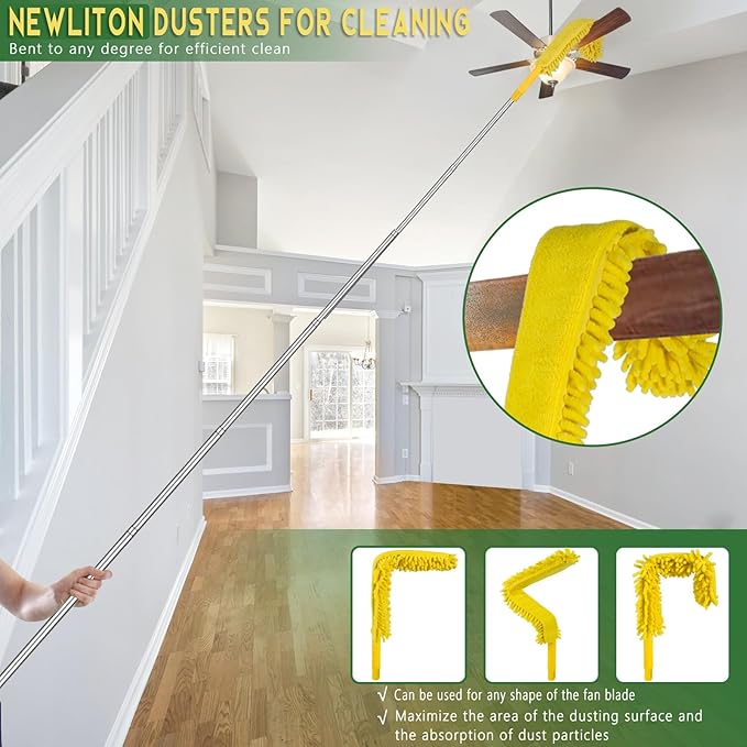 17 Foot High Reach Duster Kit with 2-to-9 Foot Extension Pole, Newliton 3-in-1 High Ceiling Chenille Duster, Microfiber Duster, Cobweb Duster, Indoor & Outdoor Extendable Bendable Duster Cleaning Set