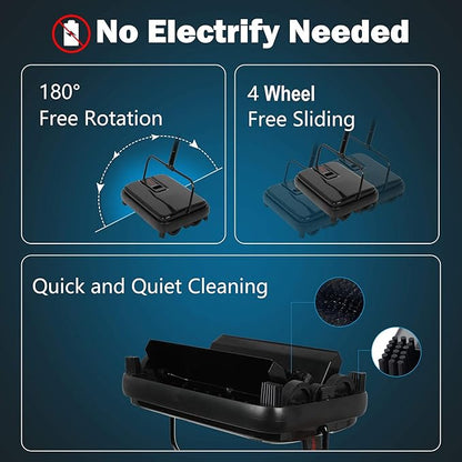 Eyliden Carpet Sweeper, Mini Size Lightweight Hand Push - No Noise, Non-Electric, Easy Manual Sweeping Only for Carpet Cleaning (Black)