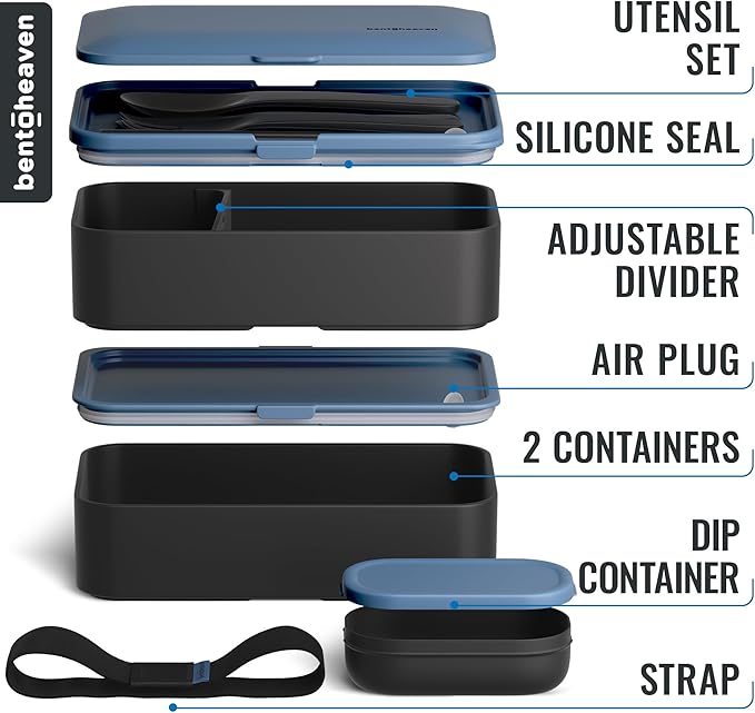 Bentoheaven Premium Bento Box Adult Lunch Box with Compartments for Women & Men, Set of Utensil & Chopsticks & Dip Container, Cute Japanese Kids Bento Lunch Box, Microwavable (Steel My Heart)