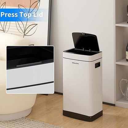8Gallon/30L Brushed Stainless Steel Kitchen Trash Can with with Press Top Lid,Garbage Can with Inner Bucket(White)