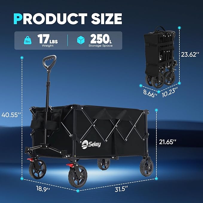 Sekey Collapsible Foldable Wagon with 330lbs Weight Capacity, Heavy Duty Folding Wagon Cart with Big All-Terrain Wheels & Drink Holders. Black