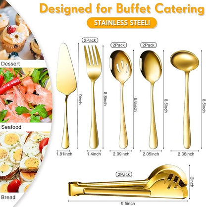 Patelai Serving Utensils Set Include Stainless Steel Large Spoons Slotted Spoons Forks Tongs Soup Ladle and Pie Server for Parties Buffet Catering, Dishwasher Safe(Gold,10 Pieces)