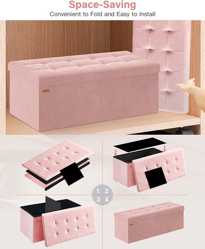 Folding Storage Ottoman, Velvet Storage Bench, Footrest, Removable Divider, for Living Room, Bedroom, 15 x 43 x 15 Inches, 660 lb Load Capacity, Jelly Pink UASND02P