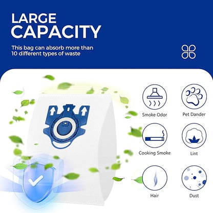 Vacuum Cleaner Bags Fit for Miele Classic C1 Complete C1 C2 C3 S227 S240 S270 S400 S2 S5 S8 Series, Include 6 Packs 3D Efficiency Airclean Bags with 2 Motor Protection Filters and 2 AirClean Filters