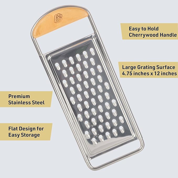 Cheese Grater Handheld - Stainless Steel Flat Food Grater with Cherrywood Handle - Coarse Shredder Kitchen for Medium-Hard Cheese and Vegetables - Italian Made Kitchen Gadgets by Kings County Tools