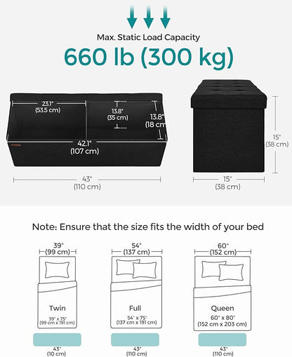 SONGMICS MAZIE Collection - 43 Inches Folding Storage Ottoman Bench, Ottoman Foot Rest, End of Bed Bench, Storage Chest, Load 660 lb, for Living Room, Bedroom, Entryway, Ink Black ULSF077B01