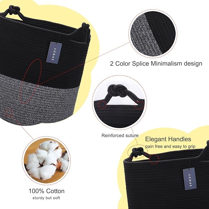 COMSE Extra Large Blanket Basket, Tall Woven Storage Basket, Nursery Hamper, 15.7”x 21.7”, Cotton Rope Laundry Hamper for Toys Clothes Towels, Black