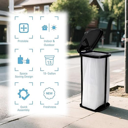Collapsible Trash Bag Holder Portable Garbage Bin Holder Stand for Kitchen Outside 13 Gallon Plastic Outdoor Trash Can with Lid for Parties and Camping, Black