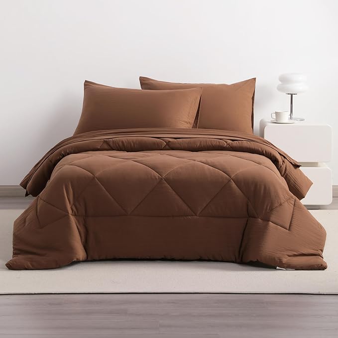 NTBAY Twin Comforter Set with Sheets, 5 Pieces Soft and Breathable Twin Bedding Set, Twin Bed in a Bag, Down Alternative Comforter Set Solid Color All Season, Kids Bedding Set, Brown