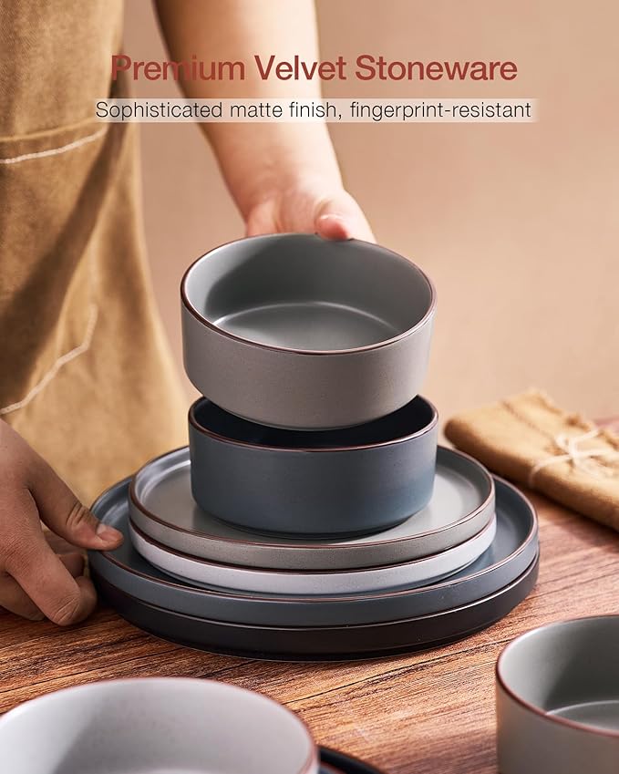 Famiware Nebula Ridge Stoneware Dinnerware Sets, Plates and Bowls Sets for 4, 12 Pieces Dishes Set, Microwave and Dishwasher Safe Kitchen Plates, Multi-color