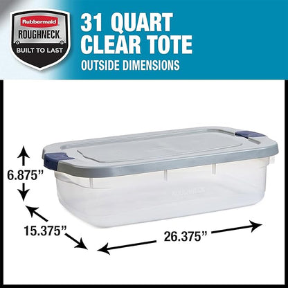 Rubbermaid Roughneck Clear 31 Qt/ 7.75 Gal Storage Containers, Pack of 6 with Snap-Fit Grey Lids, Visible Base, Sturdy and Stackable, Great for Storage and Organization