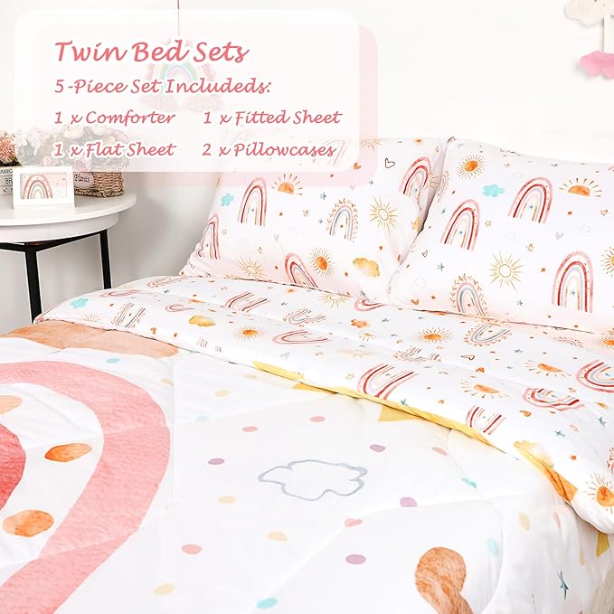 Twin Size Toddler Bedding Set for Girls- 5 Piece Rainbow Toddler Girl Bedding, Super Soft & Lightweight Toddler Comforter Set Includes Comforter, Flat Sheet, Fitted Sheet, Pillowcase (Pink)