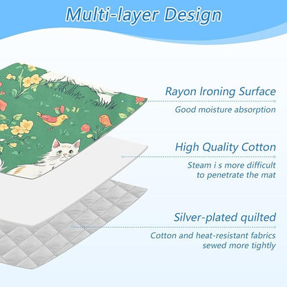 Ironing Mat Portable Ironing Pad Ironing Blanket for Table Top Heat Resistance Double-Side Using Travel Large 47.2 x 27.6 Inch Foldable Lightweight Green Spring Persian Cat and Hummingbird