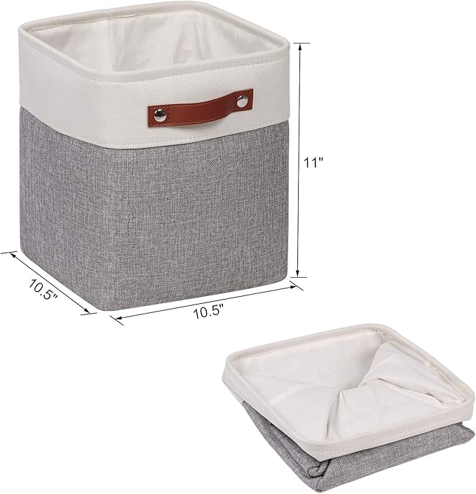 Univivi 10.5 Inch Fabric Cube Bins with Hard Bottom, 4 Pack Storage Baskets with PU Handles for Shelves Closet Foldable Storage Bins for Organizing (Gray,10.5" x 10.5" x 11")