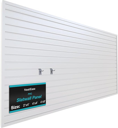 NeatiEase Slatwall Panel Wall Storage Systems, 4 x 8ft Slat Wall Paneling Garage Wall Organizer, Heavy Duty Wall Mounted PVC Wall Rack (White)