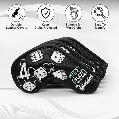 Golf Iron Covers Lucky 777 Golf Iron Headcover 10pcs Synthetic Leather Golf Clubs Iron Covers for Golf Clubs Head Covers for Irons with Magic Tape Fit All Brands
