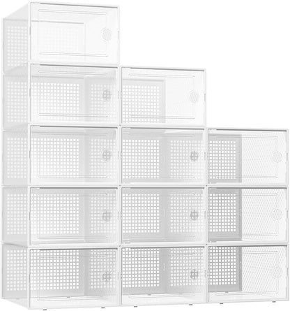 Kuject XX-Large Shoe Storage Boxes Organizers Clear Plastic Stackable 12 Pack, Shoe Rack & Holder Substitute, Sneaker Containers, Toy Storage Organizer Bins for Entryway, Closet, Under Bed, White