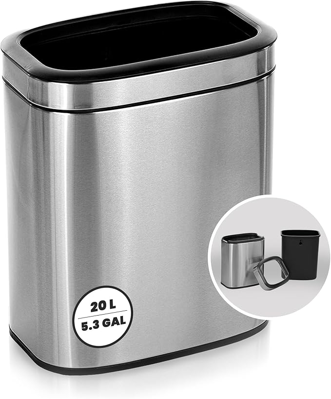 Alpine Stainless Steel Open Top Trash Can 5 Gallon - 20L Garbage Can for Kitchen, Bathroom, Office & More with Removable Bin, Brushed Nickel Finish, Space-Saving Slim Modern Design