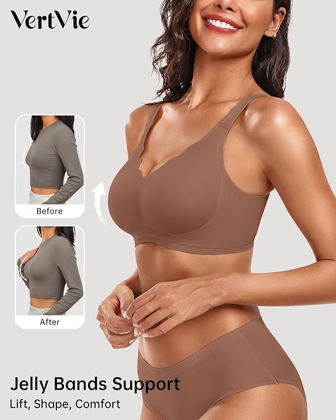 Vertvie Womens Seamless Bras No Underwire Supportive Wireless Push Up Full Coverage Bralette Comfort Scalloped T-Shirt Bra