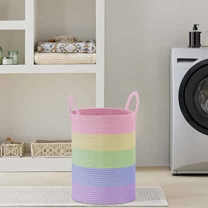 VIPOSCO Large Laundry Hamper, Tall Woven Rope Storage Basket for Blanket, Toys, Dirty Clothes in Living Room, Bathroom, Bedroom - 58L Rainbow