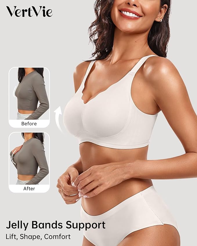 Vertvie Womens Seamless Bras No Underwire Supportive Wireless Push Up Full Coverage Bralette Comfort Scalloped T-Shirt Bra