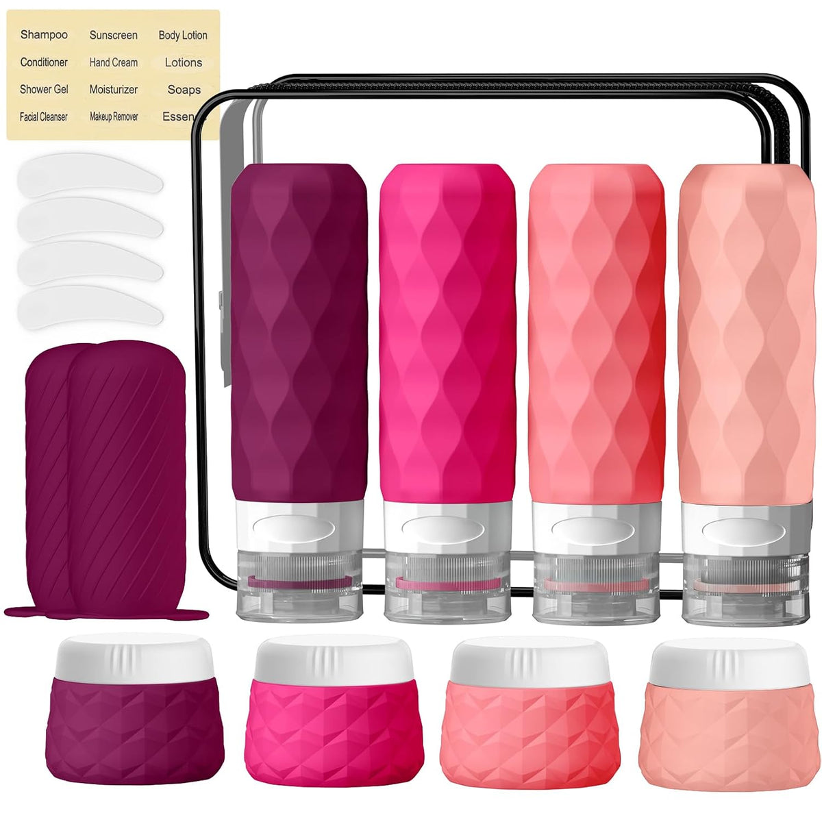 16Pack Travel Bottles for Toiletries, TSA Approved Travel Size Toiletries Containers Set, Silicone Leak Proof Refillable Bottles Elastic Sleeves Creams Jars Accessories Kit W/Clear Bag (Purplish Red)