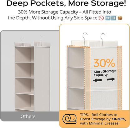 Extra Deep Hanging Closet Organizer with Shelves and Oversized Mesh Pockets, Heavy-Duty Structure, No Deformation, Max Storage for Clothes, Shoes, Hats, Dorms and RVs,1-Pack (White, 5 Tier)
