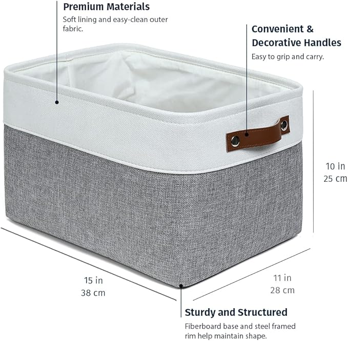 OrganiHaus Large Fabric Storage Baskets for Shelves 3 Pack, 15x11in Closet Storage Bins for Shelves, Cloth Baskets for Organizing, Linen Closet Organizers, Fabric Basket, Gray/White