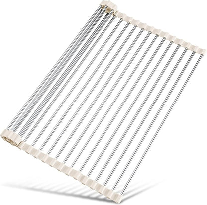 Tomorotec 17.7" x 12.5" Roll Up Dish Drying Rack Over Sink Drying Rack Sink Cover Kitchen Sink Accessories Gadget Multipurpose Organizer Foldable Stainless Steel Drainer
