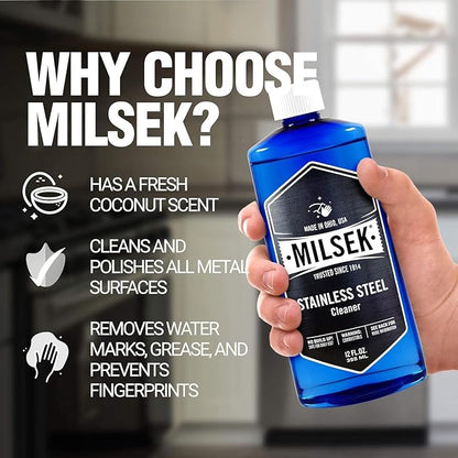 Milsek Stainless Steel Cleaner - Multipurpose Cleaning Supplies for Home and Kitchen Appliances, Sink, Stovetop, Dishwasher, Microwaves and Refrigerators - 12 Fl Oz (Pack of 2) with Microfiber Towel