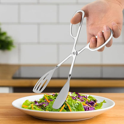 2-PACK Salad Tongs for Serving - Premium Stainless Steel Scissor-Style, Non-Toxic, Heat-Resistant Salad Servers, Dishwasher Safe, Ideal for Buffet and Party Use (Silver)