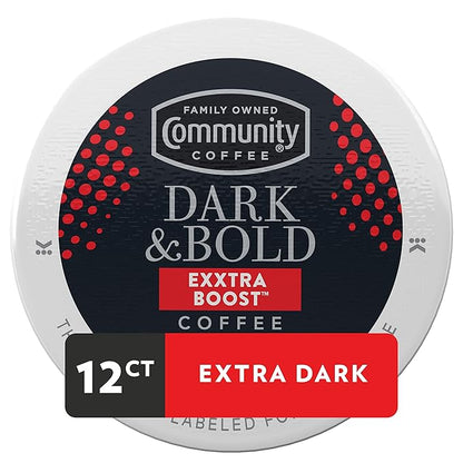 Community Coffee Dark & Bold Exxtra Boost 12 Count Coffee Pods, Compatible with Keurig 2.0 K-Cup Brewers, 12 Count (Pack of 1)