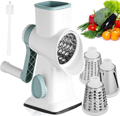 HANSGO Rotary Cheese Grater, Hand Crank Cheese Shredder, Vegetable Slicer for Kitchen, Non-slip Suction Base and 3 Interchangeable Blades for Potatoes Zucchini Nuts Chocolate Fruits, WhiteBlue
