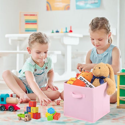 Stero 13x13x13 Inch Fabric Storage Bins 6 Pack Fun Colored Durable Storage Cubes with Handles Foldable Cube Baskets for Home, Kids Room, Closet and Toys Organization Pink