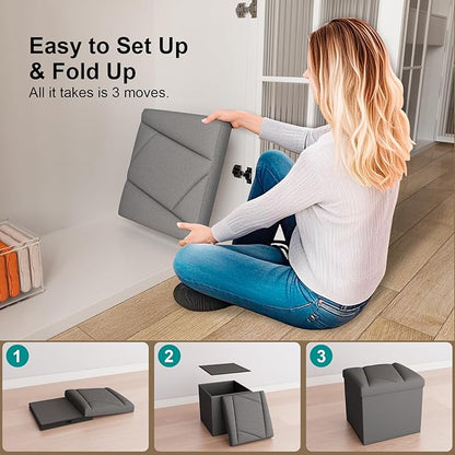 Folding Storage Ottoman Bench, 15 Inches End of Bed Bench, Folding Ottoman Storage for Bedroom, Entryway and Living Room, 15"x15"x15",Dark Gray