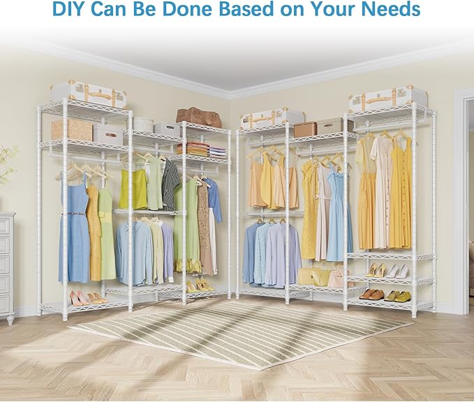 VIPEK V5 Medium Portable Closet Wardrobe Heavy Duty Clothes Rack, Freestanding Closet Metal Clothing Rack with 4 Hang Rods & 8 Shelves, Adjustable Custom Closet Rack, 56.7" Lx15.7 Wx76.4 H, White