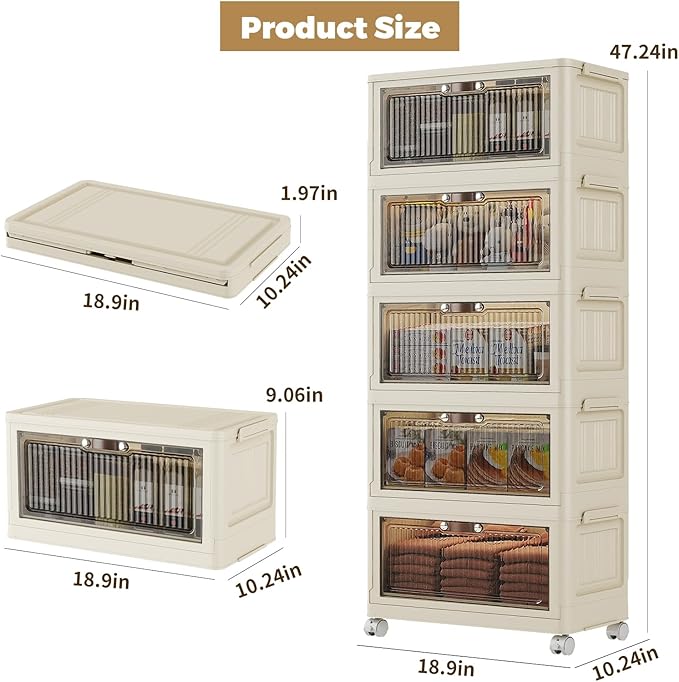 5 Tier - 34QT Storage Bins with Lids, Collapsible Storage Bins with Doors and Wheels, Plastic Storage Cabinet for Easy Storage and Organization for Living Room, Office
