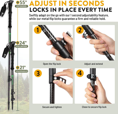 100% Carbon Fiber Trekking Poles by USA Brand - Ultra Strong Lightweight Collapsible Hiking Poles with Cork and EVA Foam Grips & Quick Adjustable Flip Locks