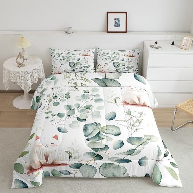 Erosebridal Kawaii Cat Bedding King Size for Boys Girls Cartoon Animal Comforter Set King, Eucalyptus Leaves Duvet Insert Pet Kitten Quilt Set, Tropical Botanical Plants Bedding Comforters & Sets