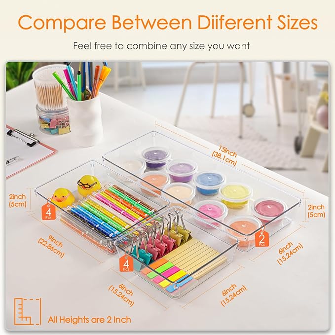 Criusia Drawer Organizer, 10 Pack Large Clear Plast Set, 3 Size Versatile Bathroom and Vanity Organizer Trays, Storage Bins for Makeup, Bedroom, Kitchen Utensils