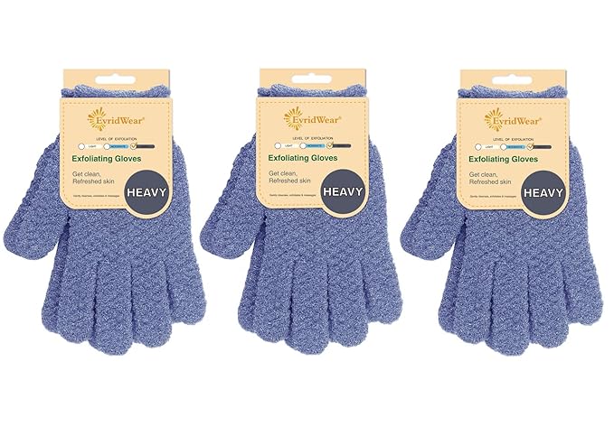 Evridwear Exfoliating Glove for Shower Man and Women, Dual Texture Bath Body Scrub Gloves Dead Skin Cell Remover for Massage (3 Pairs Heavy)