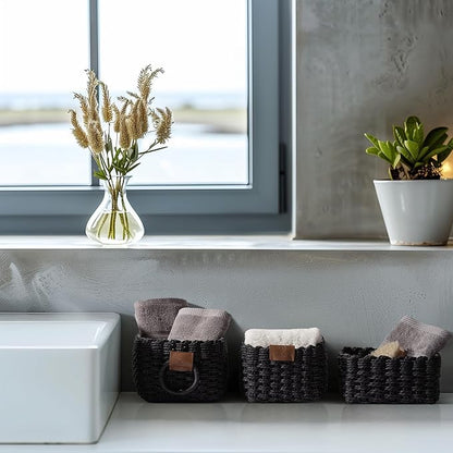 LA JOLIE MUSE Small Wicker Baskets for Organizing, Recycled Paper Rope Storage Basket Container Bins for Shelves Bathroom Cupboards Drawer, Decorative Square Basket Organizer Set of 3, Black