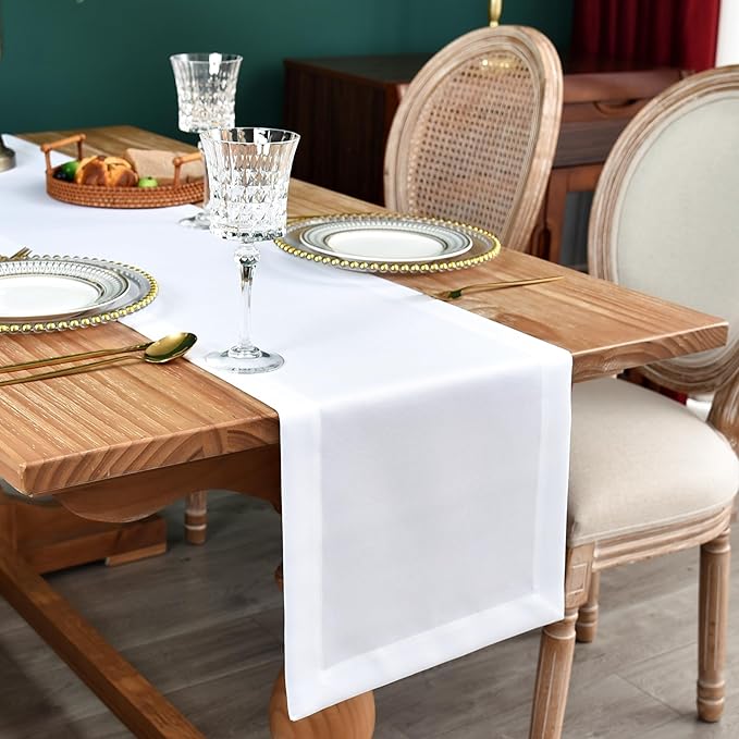 NEWISHER Farmhouse Rustic Table Runner Solid White Rectangular Table Runners Faux Linen Table Runner for Everyday Use Kitchen Dining Party Table 13x48 Inch
