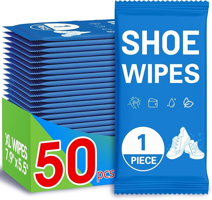 AROIC 50 Pack Shoe Cleaner Wipes, Sneaker Quick Wipes Heavy Duty Stain Removal for Leather, Febric, Canvas & Mesh, Travel Portable Single-Use Cleaning Wet Wipe, Essential Shoe Cleaning Supplies