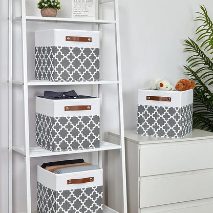 Temary 11x11x11 Cube Storage Bins Cube Organizer Bins 4 Pack Canvas Storage Bin for Home, Cube Storage Basket with Leather Handles(Grey Lattice)