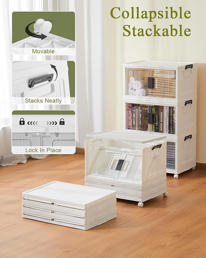 OlarHike 144QT Lockable Storage Bins with Lids - Folding Storage box with Doors and Wheels, Collapsible Plastic Storage Bins for Closets, Stackable Storage Organizer, Storage Containers, 3 Pack Cubes