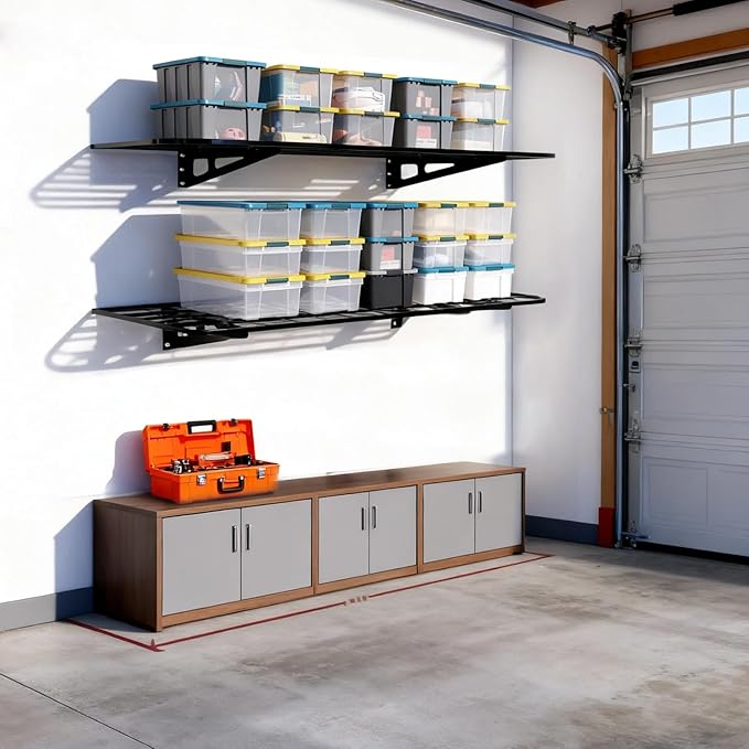 2-Pack 2x4ft Garage Wall Shelves, 2 Shelf Total 8 ft(L) Garage Shelving Wall Mounted – Heavy-Duty Storage Shelves, Perfect for Holding Storage Bins, Boxes, Sporting Goods, Tools, and More Space-Saving