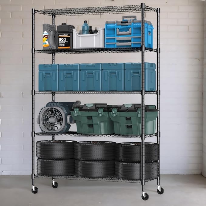 Himimi Storage Shelves 60"W Wire Shelving with Wheels 3250LBS Heavy Duty Metal Shelves for Storage, 5-Tier Adjustable Wire Rack Shelving Garage Shelving Kitchen Storage Shelves 24"Dx60"Wx82"H, Black